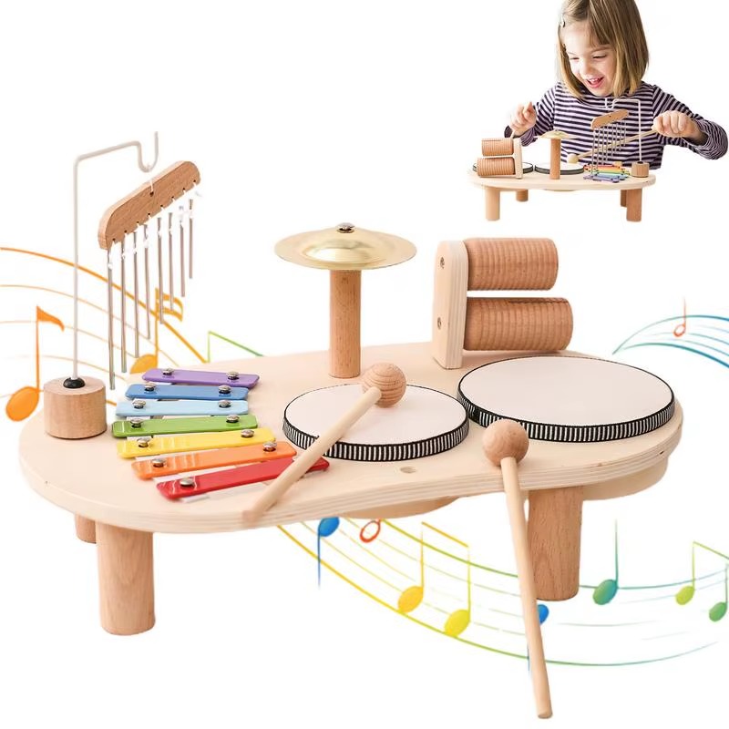 Kids Drum Set Educational Wooden 7 In 1 Sensory Musical Toys Wooden Musical Kit Sensory Toys For Boys Girls Kids Ages